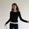Elegante top de punto retro de bloques de color, imitación de dos piezas para mujer, camiseta de manga larga con cuello redondo para principios de otoño, ideal para capas
