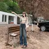 Jeans Rectos Color Gris Cemento para Mujer, Novedad Verano 2025 Cintura Alta Ajustados Pierna Estrecha Ancha Largos hasta el Suelo para Mujer