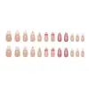 Unhas Decoradas Estilo Francês Vazadas Listradas Peroladas com Laço e Pérolas Douradas, Elegantes e Modernas, Estilo Europeu e Americano, Removíveis, 24 Peças