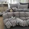 Juego de Ropa de Cama Cuatro Piezas de Lino Retro Grueso con Pliegues y Cuadros, Algodón Lavado al Agua Amigable con la Piel, Funda Nórdica, Sábana Plana, Sábana Ajustable