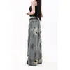 Jeans Ripped com Estampa de Tinta Estilo Retro Wasteland Americano para Mulheres, Novo Design de Verão, Calças de Cintura Alta Soltas de Pernas Largas