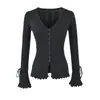 Cardigan de Tricô com Decote V, Botões Únicos, Renda Vazada, Mangas Sino com Amarração, Temperamento Doce, Outono, Slim Fit, Cor Sólida, Top de Renda Vazada