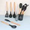 Conjunto de 12 peças de utensílios de cozinha de silicone com cabo de madeira com balde de armazenamento frigideira antiaderente resistente a altas temperaturas espátula de silicone colher de sopa utensílios de cozinha para cozinhar