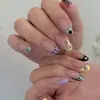 Uñas Francesas Postizas de Lunares Dopamina Color Blocking Plata Morado Amarillo Negro Rosa Dulce Fresco Longitud Media Almendra