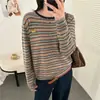 Camiseta base de punto bordada con calabaza a rayas de moda para mujer, nuevo estilo primavera y otoño 2026, top suéter holgado y casual