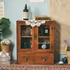 Armário de exposição de madeira maciça nórdica vintage com duas portas de madeira, armário de armazenamento de artigos diversos e cosméticos, caixa de armazenamento de mesa com gaveta