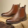 Botines Chelsea Brogue Británicos Retro con Tallado para Hombre de Cuero Genuino Elásticos Slip-on Suela Gruesa Botines de Tobillo Martin para Hombre