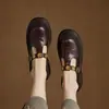 Versión de Piel de Vaca~Mocasines Versátiles de Piel de Ternera Vintage con Camelia y Suela Gruesa para Mujer con Hebilla de Tira en T, Zapatos de Cuero con Punta Redonda