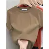 Camiseta de Manga Corta Cepillada de Algodón Puro Estilo Nuevo 2026 para Mujer, Moderna y Versátil, Rejuvenecedora, Top Color Café para Primavera, Otoño e Invierno
