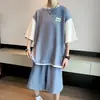 Traje falso de dos piezas para hombre, verano, gofre, marca de moda, manga corta, estilo ins Hong Kong, pantalones cortos, moda juvenil, traje de dos piezas