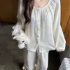 Top feminino de algodão puro com duas camadas, tecido plissado, abotoado, gola redonda, adequado para primavera, verão, outono e inverno, conjunto multicolorido, roupa de casa