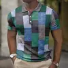 Camisa Polo Europeia e Americana Masculina Transfronteiriça Tendência com Estampa Digital 3D, Bloqueio de Cor Xadrez, Manga Curta, Colarinho Cuban