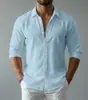 Camisa de Manga Larga con Cuello para Hombre, Europea y Americana, Transfronteriza, de Botones Sencillos, Color Sólido, Casual, Imitación de Algodón y Lino, Holgada