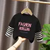 Camiseta de manga larga con retazos de algodón puro para niñas, top de algodón puro para primavera y otoño para niños, camiseta básica para niños mayores, ropa para niños
