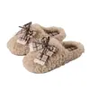 Zapatillas de Algodón para Dormitorio Otoño Invierno Mujer Lazo Dulce Antideslizantes Color Bloque Cuadros Peludas Ligeras para Dormitorio Hogar