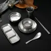 Conjunto de Talheres de Aço Inoxidável Retrô Coreano com Quatro Peças para Acampamento ao Ar Livre Churrasco Restaurante Tigelas e Pratos