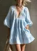 Nuevo Vestido de Encaje con Cuello en V Estilo Bohemio para Mujer Falda Mini Holgada de Vacaciones Cubre-traje de Playa