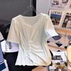 Comércio Exterior Tamanho Grande Feminino Design de Verão Irregular Ombro Direito Camiseta Manga Curta Gordinha Emagrecimento Aparência Top Cobre Barriga