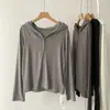 Cardigan com capuz de cor lisa pegajoso pegajoso feminino outono e inverno estilo coreano slim fit mostra magro manga longa jaqueta casual hoodie curto