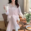 Nuevo Conjunto de Pijama de Encaje y Malla de Manga Larga y Pantalón Largo para Mujer, Conjunto Casual para Estar en Casa