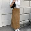 Saia de Veludo Camurçado, Cor Cáqui Feminina, Saia Longa Reta Emagrecedora de Cintura Alta Estilo Francês, Moda Outono 2026 Roupas Femininas