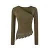 Camiseta de Manga Larga Plisada con Cuello Asimétrico y Patchwork de Encaje Estilo Ligeramente Maduro para Mujer Conjunto de Falda Ajustada al Cuerpo y Top 'Hot Girl' para Otoño
