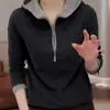 Camiseta de manga larga con capucha y media cremallera de terciopelo alemán doble cara para otoño e invierno, juvenil y versátil, capa base con forro polar, top pequeño de color contrastante, sudadera para mujer