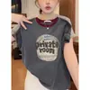 Camiseta Manga Curta Color Block no Ombro Direito 100% Algodão para Mulheres, Estilo Coreano, Fashion, Versátil, Rejuvenescedora, Top Cinza Escuro, Novo Estilo Verão 2026