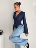 Camisa de Manga Larga a Rayas con Cuello en V, Moda Europea y Americana Transfronteriza 2026 Amazon Comercio Exterior Camisa Pulóver Ceñida a la Cintura