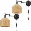 Lámpara de Pared de Cuerda de Cáñamo Bambú Amazon Transfronteriza Enchufe Interruptor de Balancín Lámpara de Pared de Ratán Lámpara de Mesita de Noche de Dormitorio Lámparas Bohemias