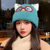 2025 Nuevo Lindo Sombrero de Gato con Orejas y Gafas para Mujer Otoño e Invierno Cálido Protección para los Oídos Sombrero de Punto que Muestra la Cara Pequeño Sombrero de Lana para el Frío