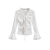 Nueva camisa con cuello en V, escote en V, plisada, con cordones y mangas acampanadas para mujer, blusa pequeña ajustada con mangas acampanadas