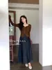 Cárdigan de punto estilo coreano, ajustado, con cuello de botón de perla, manga larga, manga de campana, empalme de encaje, en blanco y negro, talla única