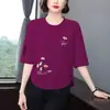 Comercio Exterior~Camiseta Estampada Elegante de Gama Alta para Mujer, Mangas Tres Cuartos, Corte Holgado, Adelgazante, Oculta el Vientre, Rejuvenecedora, Top Casual para Mujeres de Mediana Edad y Mayores