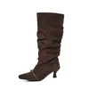Botas estilo europeu e americano Martin com salto alto fino, plissadas, leves, botas de cano médio empilhadas, antiderrapantes, emagrecedoras, botas femininas da moda