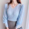 Novo Outono Transfronteiriço Chiffon Costurado Moda Camisa Básica de Tricô para Mulheres Decote V Manga Longa Ajuste Slim Top Interno