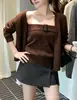 Nuevo Conjunto de Punto de Dos Piezas para Mujer Otoño e Invierno, Conjunto de Cárdigan sin Botones + Bandeau con Hebilla de Cinturón, Suéter Exterior Suave y Holgado