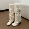 Botas brancas de salto grosso, botas femininas longas, novo estilo 2026, perfeitas com vestidos, que aumentam a altura, versáteis, emagrecem, estilo coreano, botas da moda