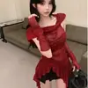Comércio Exterior Transfronteiriço Sexy Sexy Estilo Malha Vermelha com Capuz Camiseta Feminina Babados Manga Assimétrica Top Ins