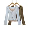 8750-26 Outono Estilo Desejo Puro Renda Sexy Patchwork Falso Duas Peças Torcido Manga Longa Camiseta Cintura Marcada Cropped