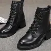 Botas Martin de Cuero Genuino de Alta Gama para Exportación, Nuevo Estilo Otoño e Invierno, Punta Redonda, Cremallera, Suela Gruesa, Media Caña, Estilo Británico para Mujer