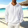 Nova blusa de moletom com capuz de algodão e linho estilo europeu e americano para homens, cor sólida, manga longa, top solto casual versátil