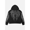 Cárdigan con Capucha y Cremallera Estilo Oscuro Y2K con Alas de Pedrería y Cruz Sudadera Chaqueta Holgada Retro Subcultura