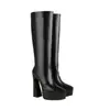 Botas de Couro Femininas Transfronteiriças Tamanho 34-45, Bico Redondo, Plataforma Impermeável, Salto Quadrado, Botas Femininas de Tamanho Grande, Botas de Salto Alto Casuais de Calçar