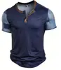 Camiseta retro de botão com meia-malha transpassada transfronteiriça, top pullover Henley casual de manga curta com estampa 3D slim fit para homens