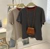Camiseta de Algodón Puro con Rayas de Contraste de Manga Corta para Mujer Rayas Clásicas Básica Simple Americana Cuello Redondo Top Estilo Coreano Trendy