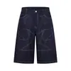 Shorts de mezclilla con costuras de contraste de estrella de cinco puntas para hombre, verano, holgados, pierna recta, personalidad, diseño de múltiples bolsillos, pantalones capri