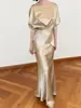 Traje de Dos Piezas de Acetato Importado de Alta Gama Color Champaña para Primavera y Otoño, Top de Satín Femenino y Elegante, Falda de Cola de Pez