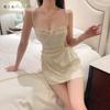 Pijama Sexy de Conejo Caliente para Mujer Verano Delgado Tipo Seda Falda Corta Recogido Pecho Pequeño Espalda Descubierta Tirantes Camisón Privado 8273