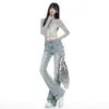 Calça jeans feminina stretch azul claro lavada de cintura alta, novo estilo outono 2026, simples, modeladora, que valoriza a silhueta, com efeito empina bumbum e boca larga